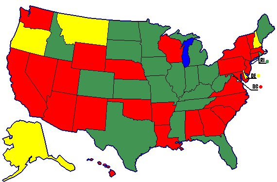 Map of the United States shaded in green, yellow, and red to define where there is a sales tax exemption for the University.