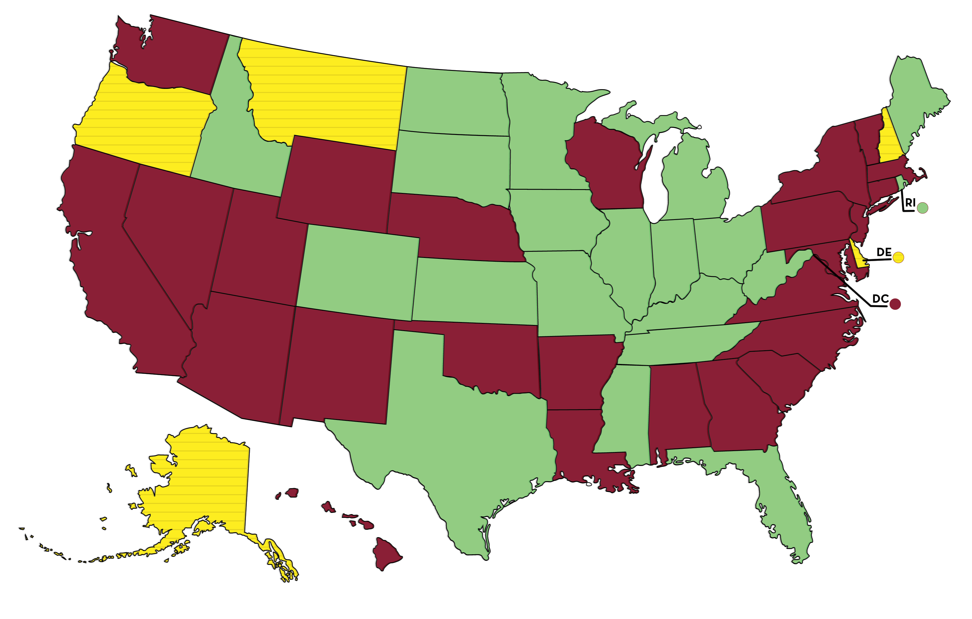 Map of the United States shaded in green, yellow with lines, and maroon to define where there is a sales tax exemption for the University.